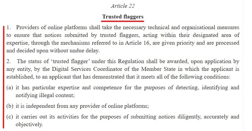EU DSA: Article 22 - Trusted flaggers excerpt