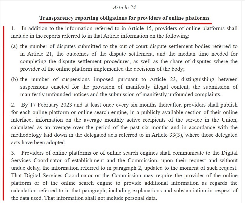 EU DSA: Article 24 - Transparency reporting obligations for providers of online platforms excerpt