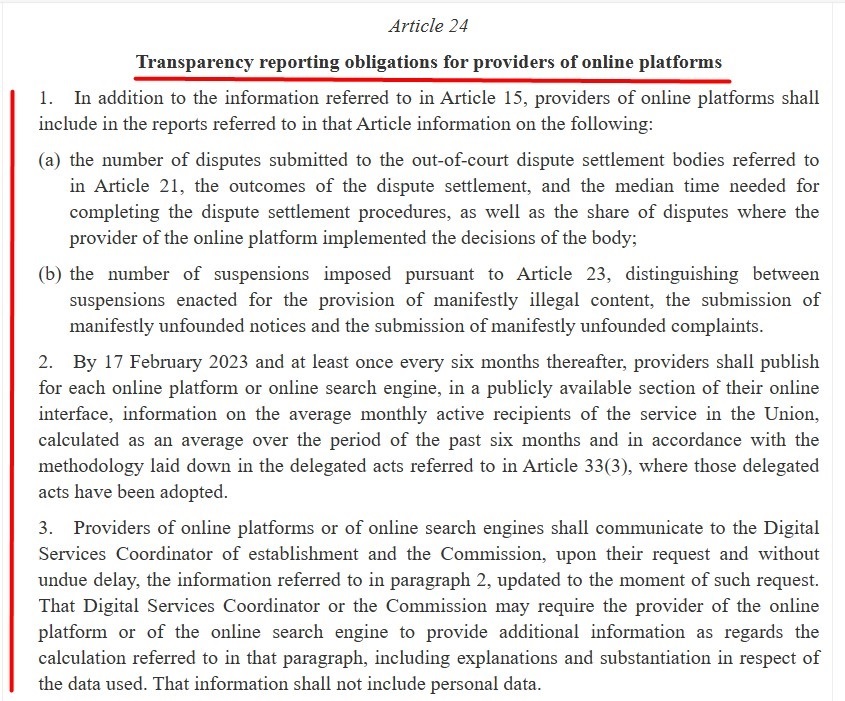 EU DSA: Article 24 - Transparency reporting obligations for providers of online platforms excerpt