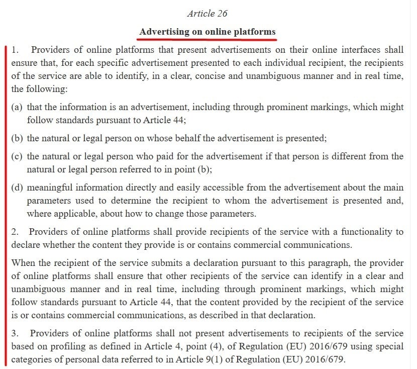 EU DSA: Article 26 - Advertising on online platforms excerpt
