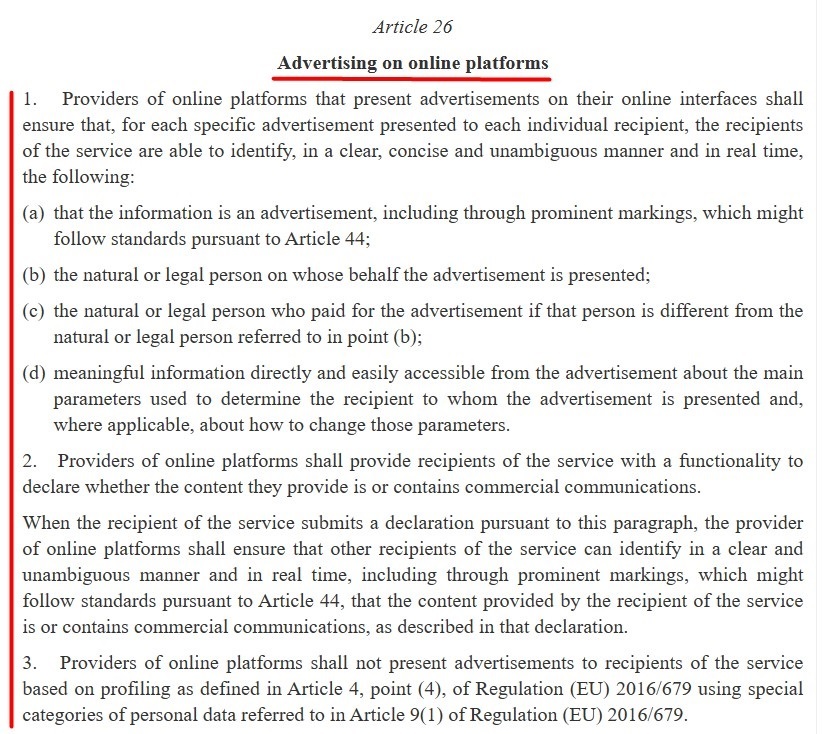 EU DSA: Article 26 - Advertising on online platforms excerpt