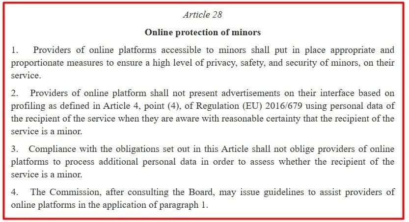 EU DSA: Article 28 - Online protection of minors excerpt