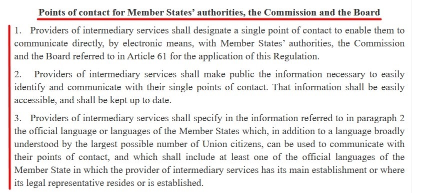 EU DSA: Chapter 3 Section 1 Article 11 - Points of contact excerpt