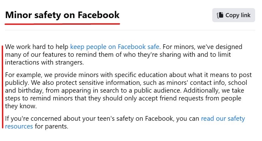 Minor safety on Facebook page excerpt