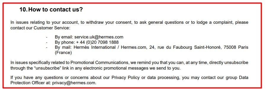 Hermes Privacy Policy: Contact clause