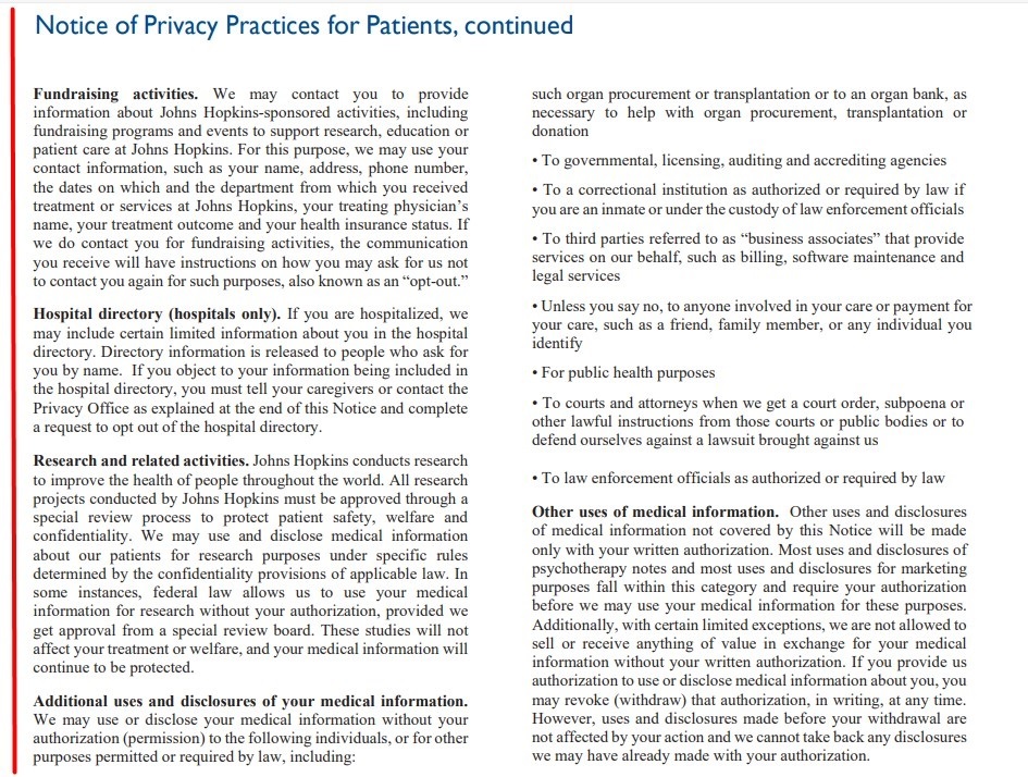 Johns Hopkins Notice of Privacy Practice excerpt