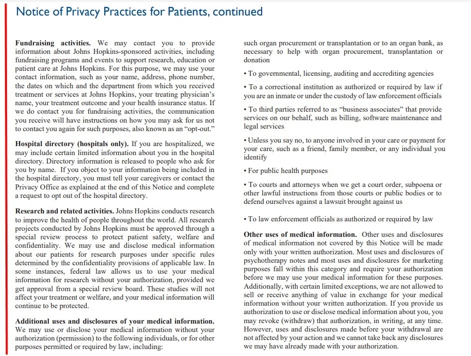 Johns Hopkins Notice of Privacy Practice excerpt