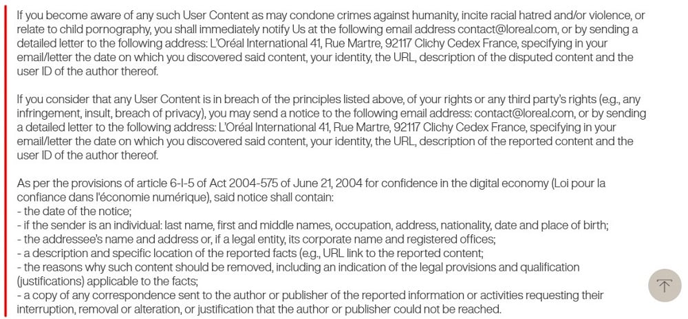 Loreal Terms of Use: Code of Conduct clause excerpt
