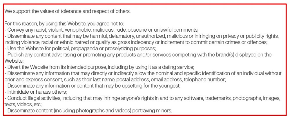 Loreal Terms of Use: Code of Conduct section