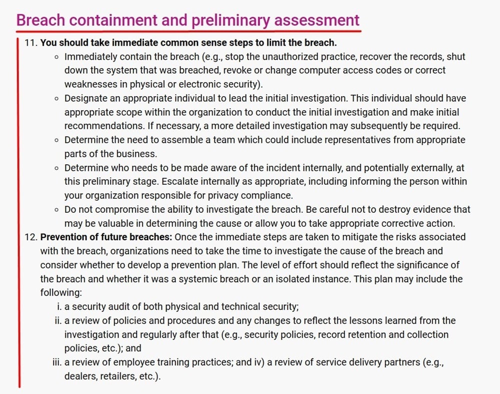 Office of Privacy Commissioner of Canada: Breach Containment and Preliminary Assessment page excerpt