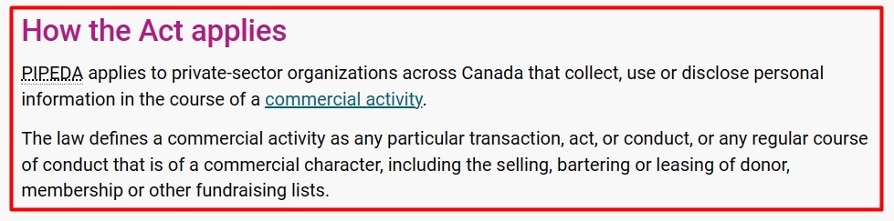Office of the Privacy Commissioner of Canada: How PIPEDA applies section excerpt