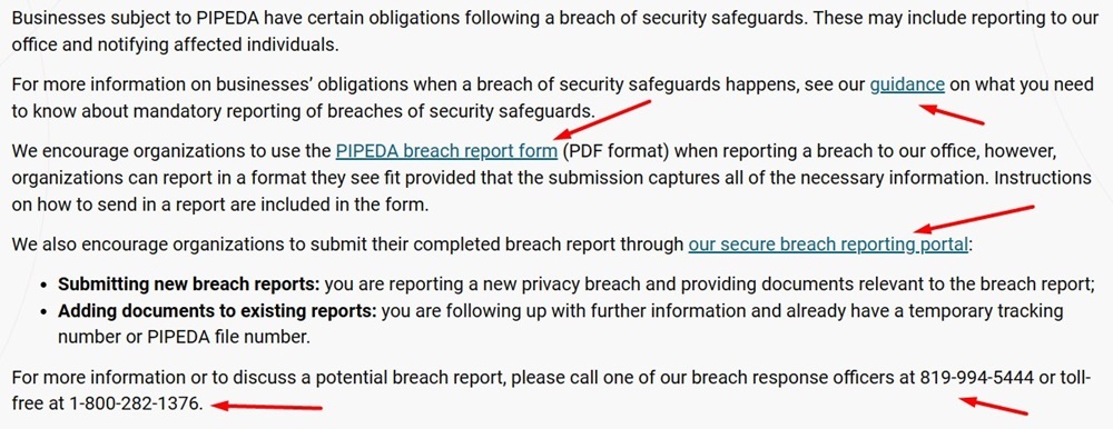 Office of Privacy Commissioner of Canada: Report a privacy breach page excerpt
