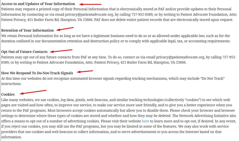 Patient Advocacy Foundation's Patient Privacy Policy: User rights clause