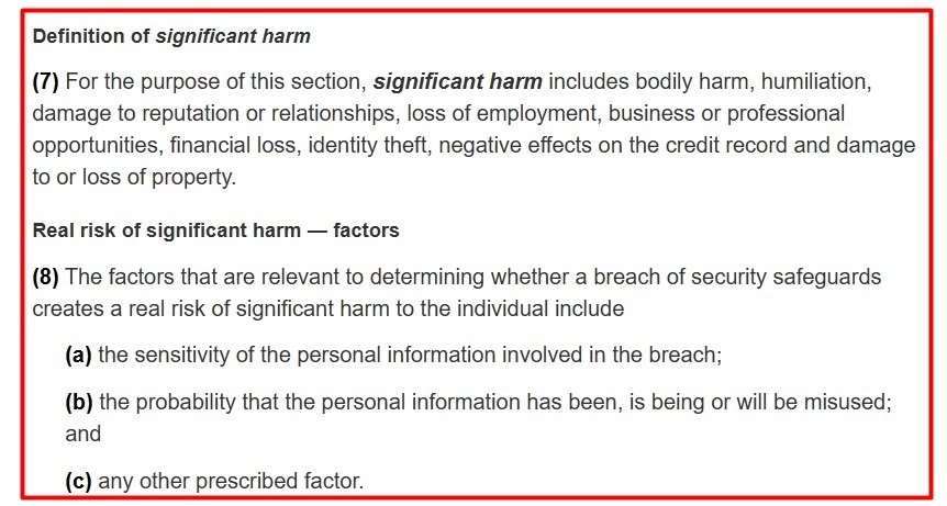 PIPEDA definition of significant harm