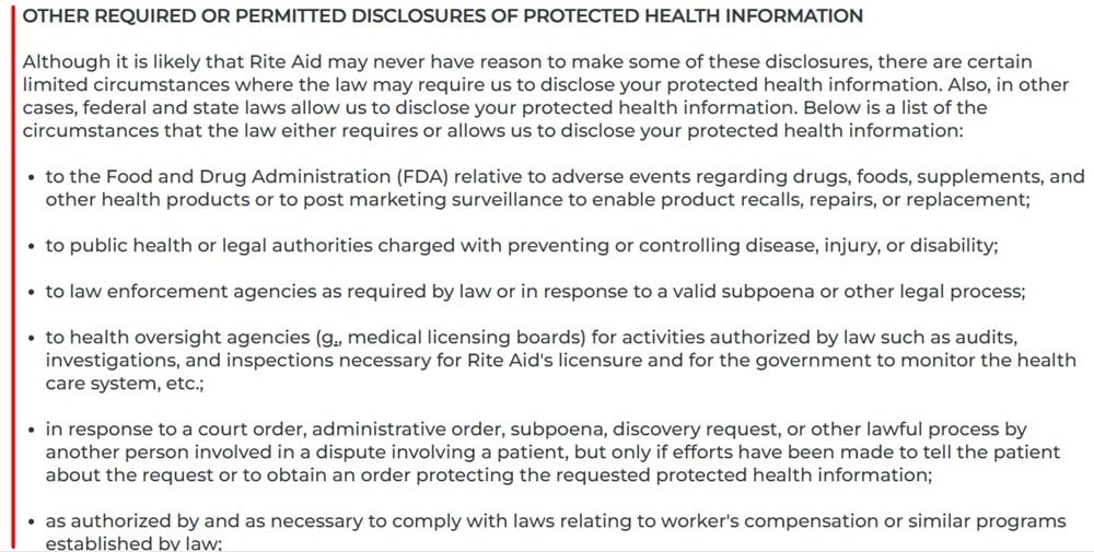 Rite Aid's Notice of Privacy Practices: Required or permitted disclosures of protected health information clause