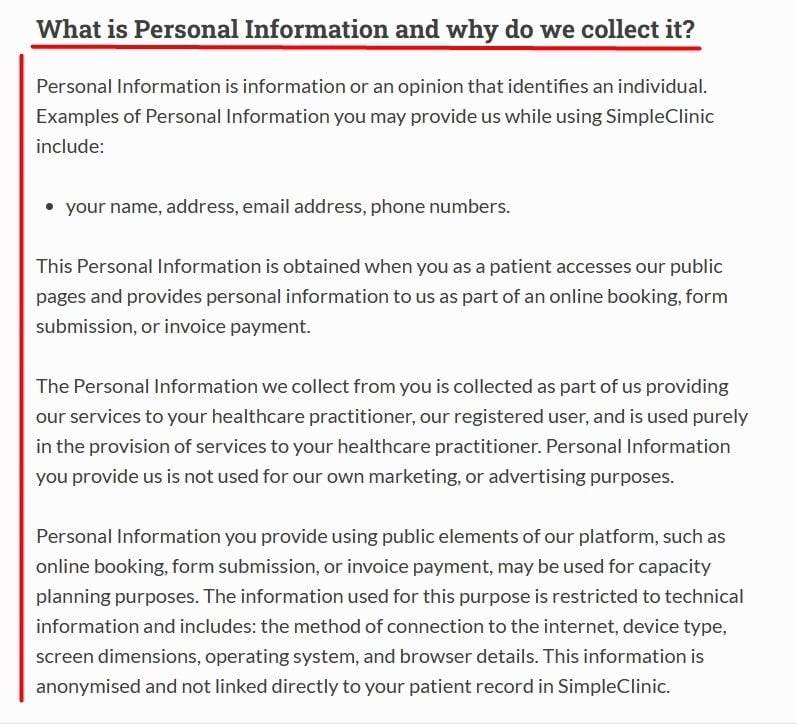 SimpleClinic Online Patient Privacy Policy: What is personal information and why do we collect it clause