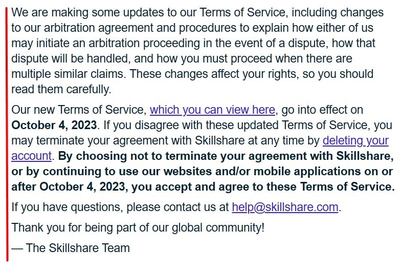 Skillshare email screenshot for Terms of Service update