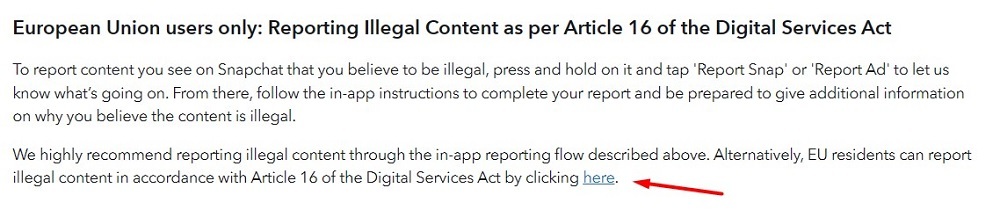 Snapchat Support Page: EU Users Reporting Illegal Content