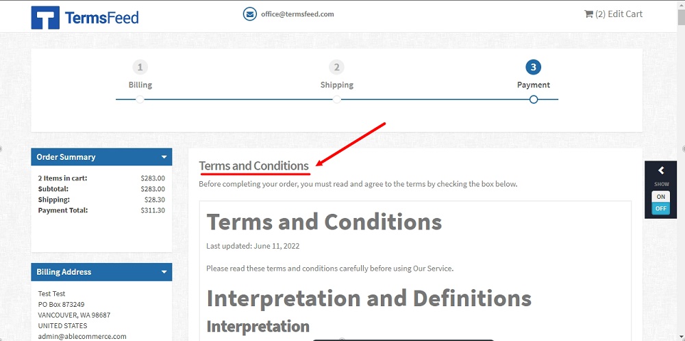 TermsFeed Able Commerce: Checkout - step 3 - payment - the Terms and Conditions full text displayed