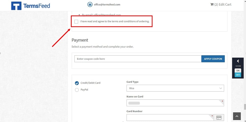TermsFeed Able Commerce: Checkout - step 3 - payment - the Terms and Conditions full text with the I Agree checkbox displayed