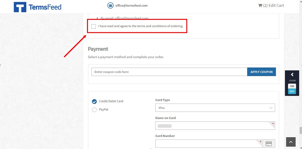 TermsFeed Able Commerce: Checkout - step 3 - payment - the Terms and Conditions full text with the I Agree checkbox displayed