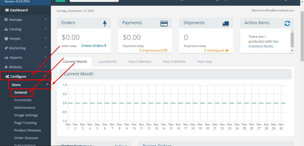 TermsFeed Able Commerce: Dashboard - Configure - Store - General option selected