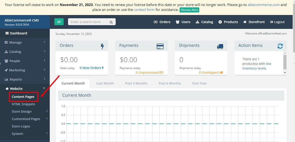 TermsFeed Able Commerce Dashboard - Website - Content Pages option selected
