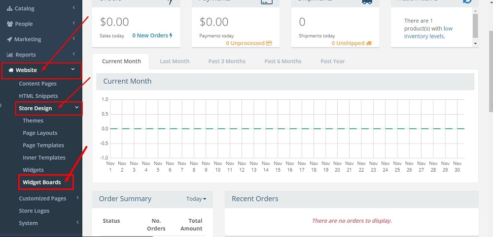 TermsFeed Able Commerce Dashboard - Website - Store Design - Widget Boards option selected