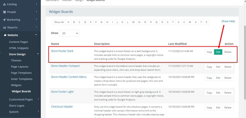 TermsFeed Able Commerce Dashboard - Website - Store Design - Widget Boards option - Store Footer Dark - Edit selected