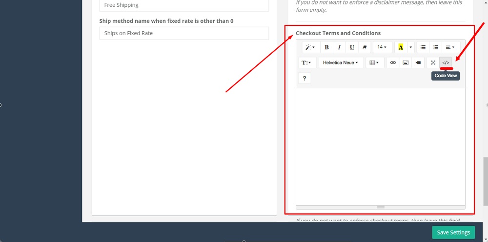 TermsFeed Able Commerce: General - Other Settings - Checkout Terms and Conditions - Code View icon selected