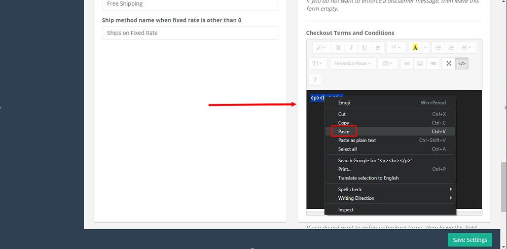 TermsFeed Able Commerce: General - Other Settings - Checkout Terms and Conditions - Code View - Paste selected