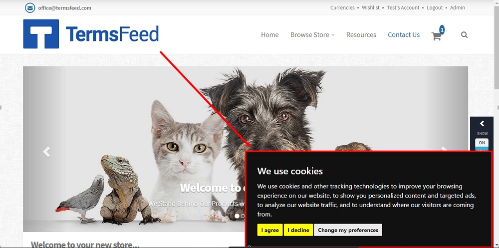 TermsFeed Able Commerce: Store Footer Dark - Edit - Content - HTML - Cookie Banner - Added - Storefront selected