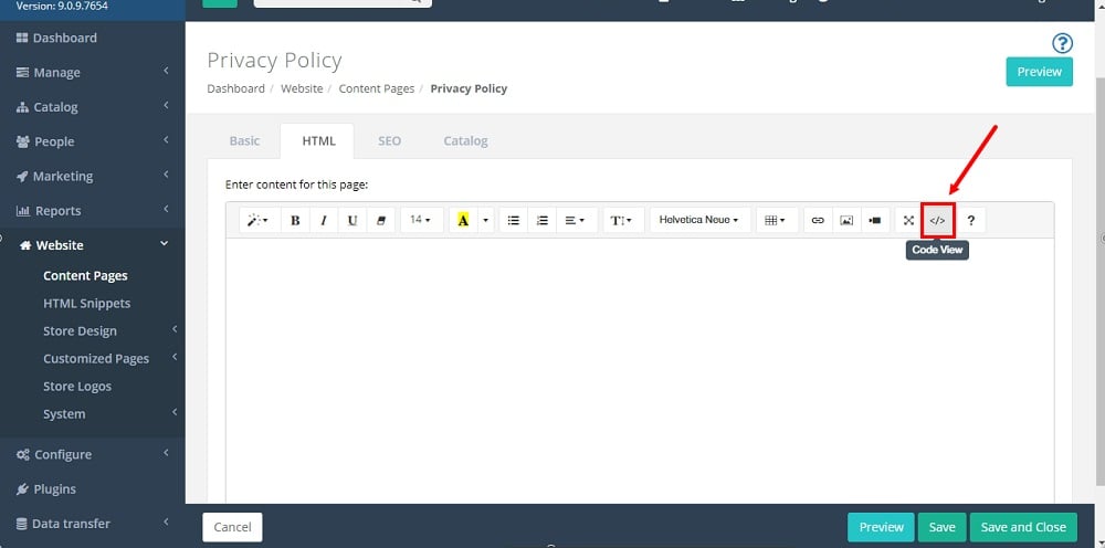 TermsFeed Able Commerce: Privacy Policy - HTML tab - Code View  highlighted