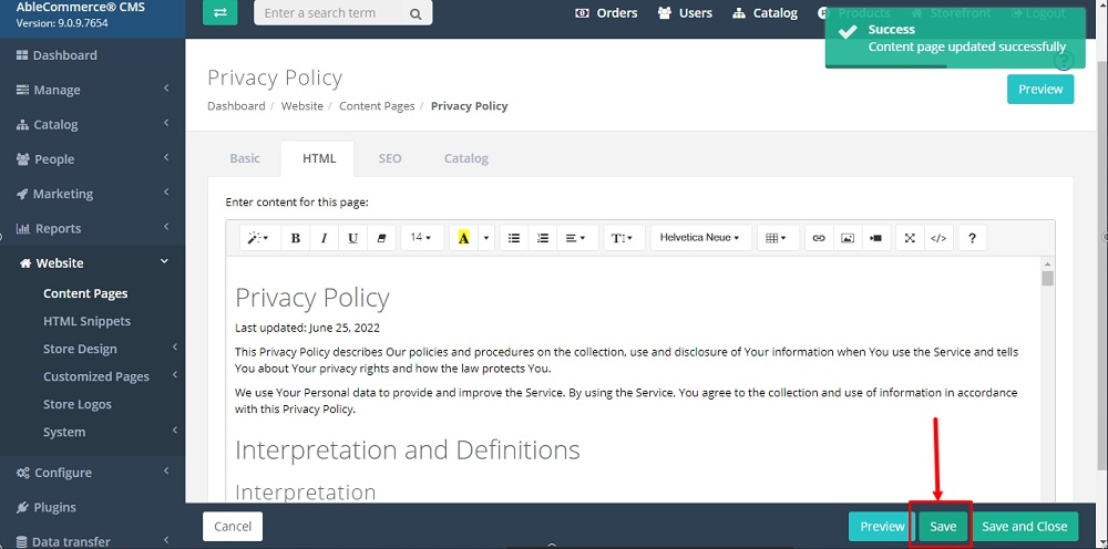 TermsFeed Able Commerce: Privacy Policy - HTML tab - Save  highlighted