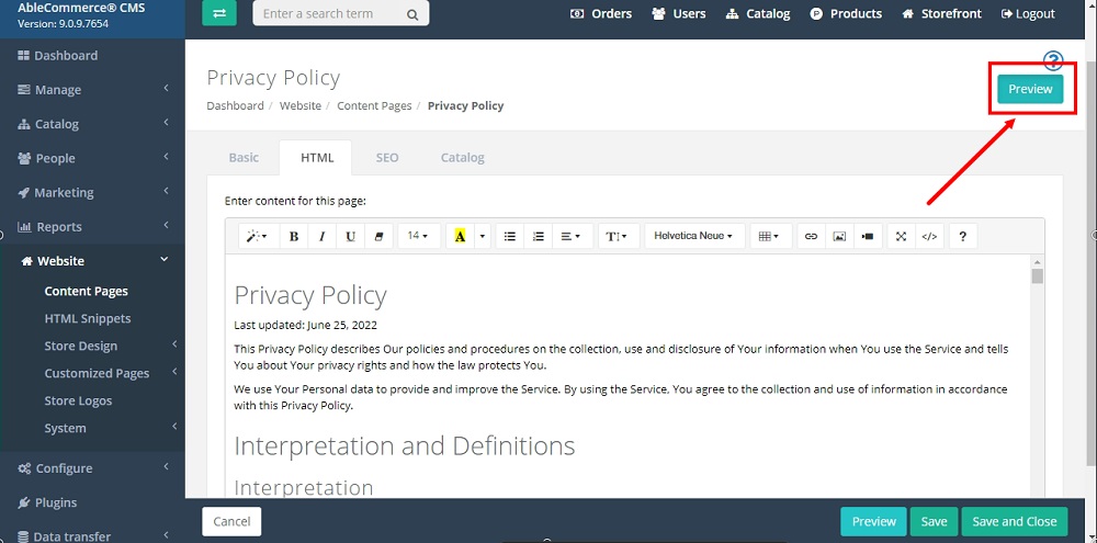 TermsFeed Able Commerce: Privacy Policy - HTML tab - Preview highlighted