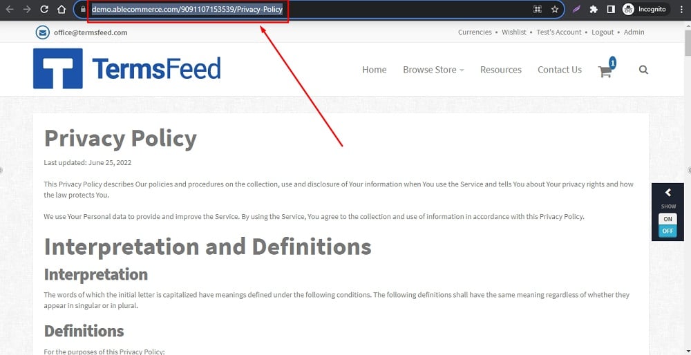 TermsFeed Able Commerce: Privacy Policy - Preview  - Copy URL from browser highlighted