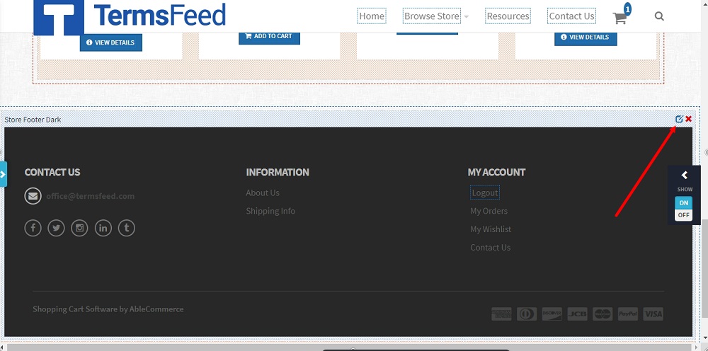 TermsFeed Able Commerce: Privacy Policy - Preview  - Footer - the ON - Edit section highlighted
