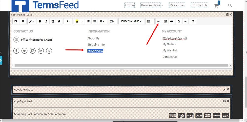 TermsFeed Able Commerce: Privacy Policy - Preview  - Footer - the ON - Edit section - Links edit - add link highlighted