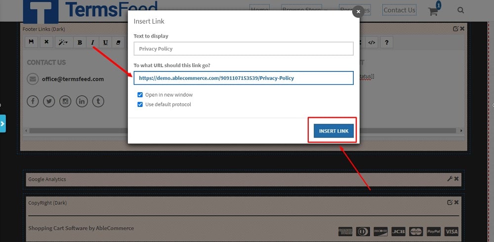 TermsFeed Able Commerce: Privacy Policy - Preview  - Footer - the ON - Edit section - Links edit - add link - paste and insert link highlighted