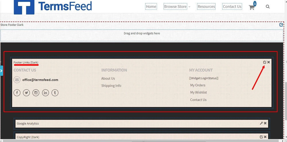 TermsFeed Able Commerce: Privacy Policy - Preview  - Footer - the ON - Edit section - Links edit highlighted