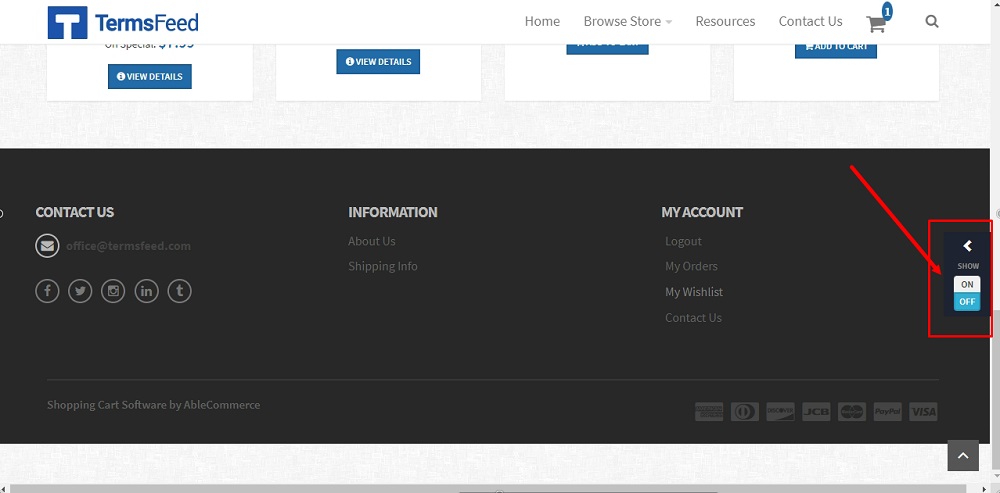 TermsFeed Able Commerce: Privacy Policy - Preview  - Footer - the ON highlighted