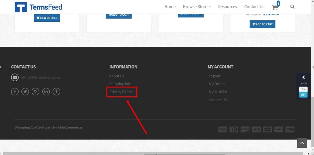 TermsFeed Able Commerce: Privacy Policy - Preview  - Footer section - The Privacy Policy Page added and linked highlighted