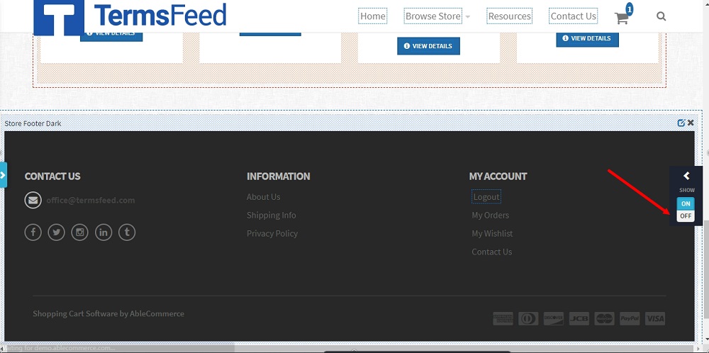 TermsFeed Able Commerce: Privacy Policy - Preview  - Footer section edited - OFF  highlighted
