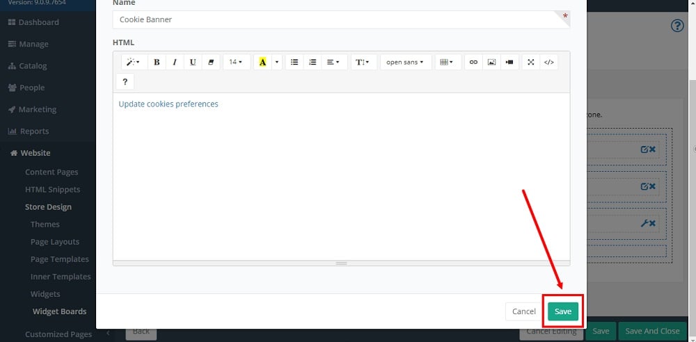 TermsFeed Able Commerce: Store Footer Dark - Edit - Content - HTML - Add new snippet - Cookie Banner - Code - Save selected