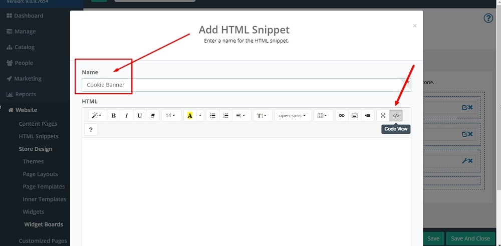 TermsFeed Able Commerce: Store Footer Dark - Edit - Content - HTML - Add new snippet - Cookie Banner - Code View icon selected