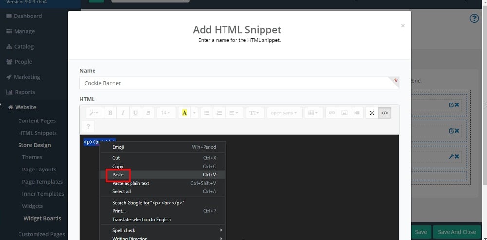 TermsFeed Able Commerce: Store Footer Dark - Edit - Content - HTML - Add new snippet - Cookie Banner - Code View - Paste the Cookie Consent code selected