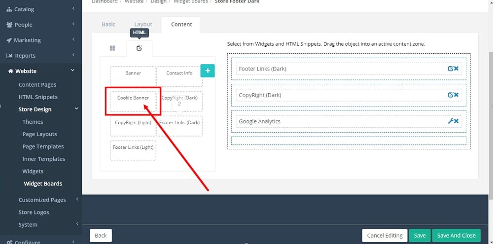 TermsFeed Able Commerce: Store Footer Dark - Edit - Content - HTML - Cookie Banner - Added selected