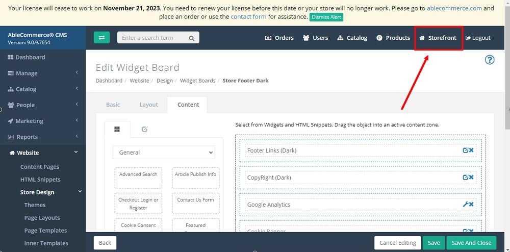 TermsFeed Able Commerce: Store Footer Dark - Edit - Content - HTML - Cookie Banner - Added - Storefront selected