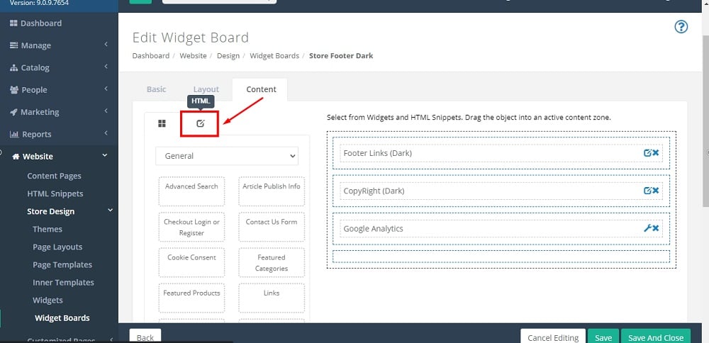 TermsFeed Able Commerce: Store Footer Dark - Edit - Content - HTML selected