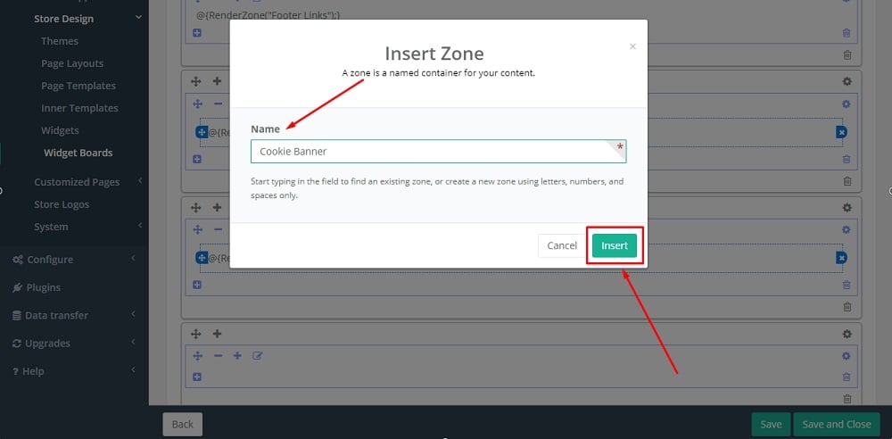 TermsFeed Able Commerce: Store Footer Dark - Edit - Layout - Add a new row - Edit - Insert Zone Cookie Banner selected
